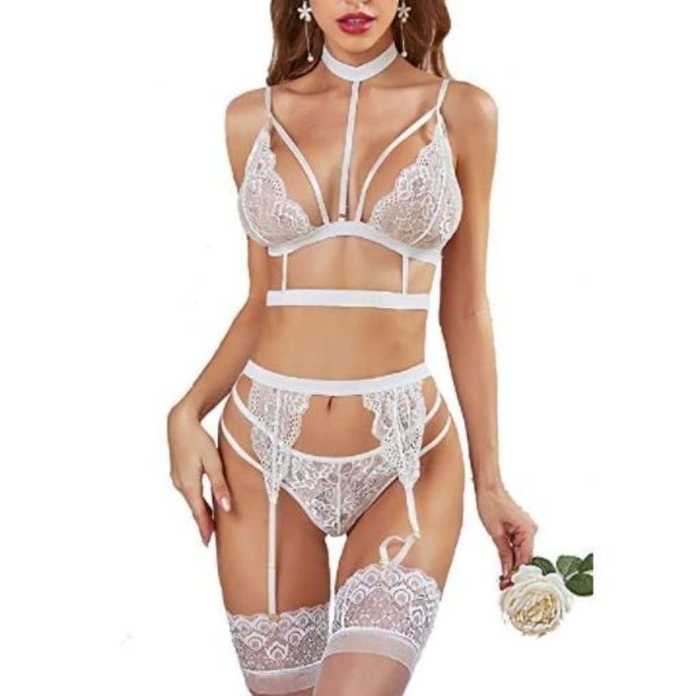 Size XSmall thru 3X - White Lace Garter Lingerie Set with Removable Choker Strap